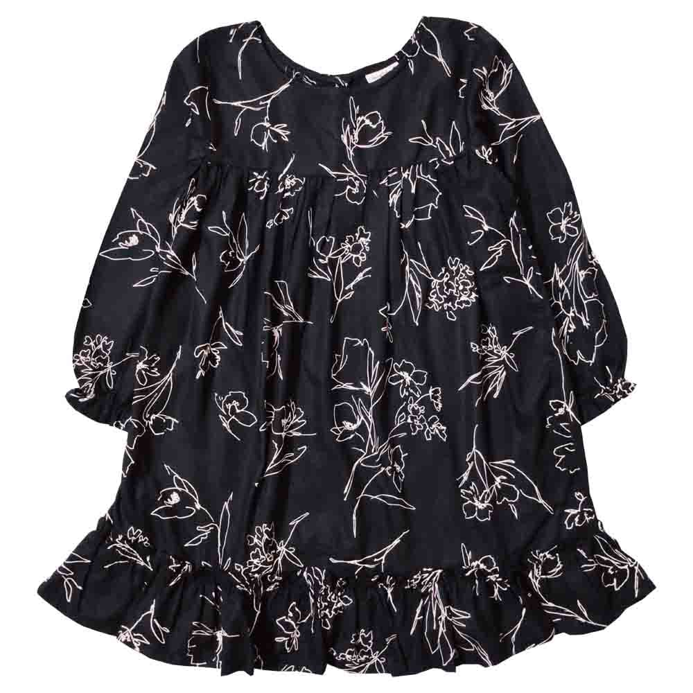 Snowflakes Girls Full Sleeve , 2 Panel Frock With Floral Prints- Black