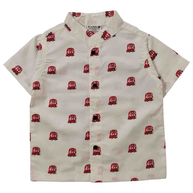 Snowflakes Boys Half Sleeve Shirt With London Bus Prints - White