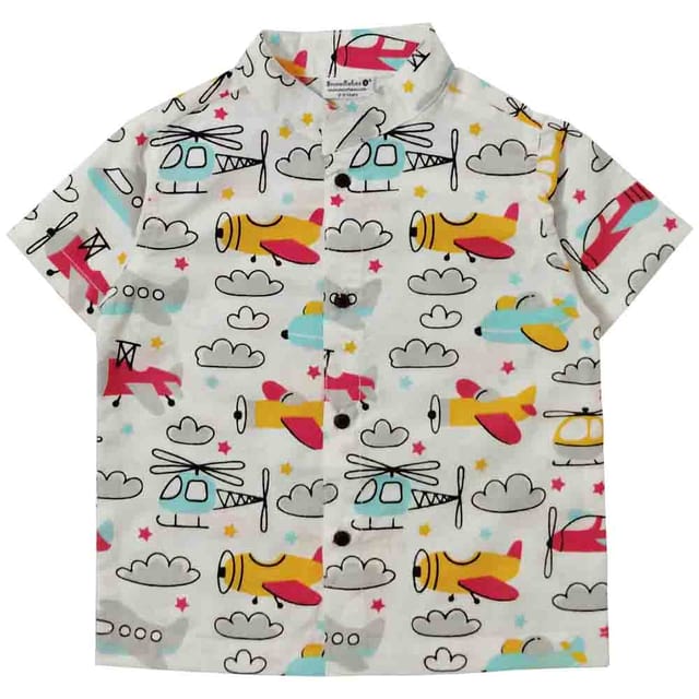 Snowflakes Boys Half Sleeve Shirt With Helicopter Prints - White