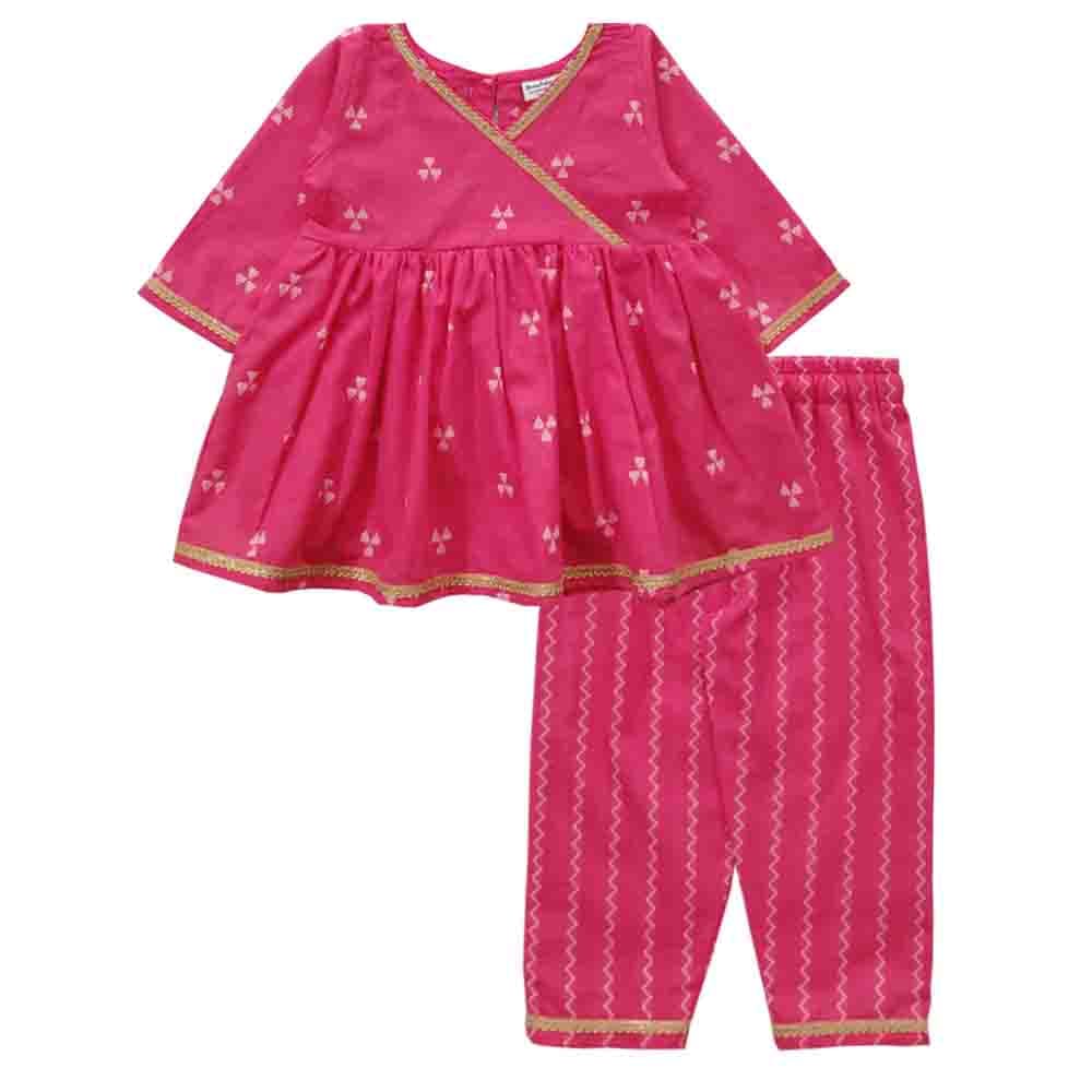 Snowflakes Girls Kurti Set With Straight Pant - Pink