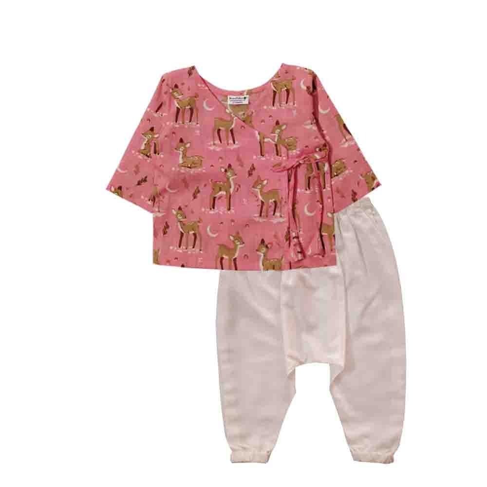 Snowflakes Unisex Infant Jabla Top With Deer Print And Harem Pant Set - Pink