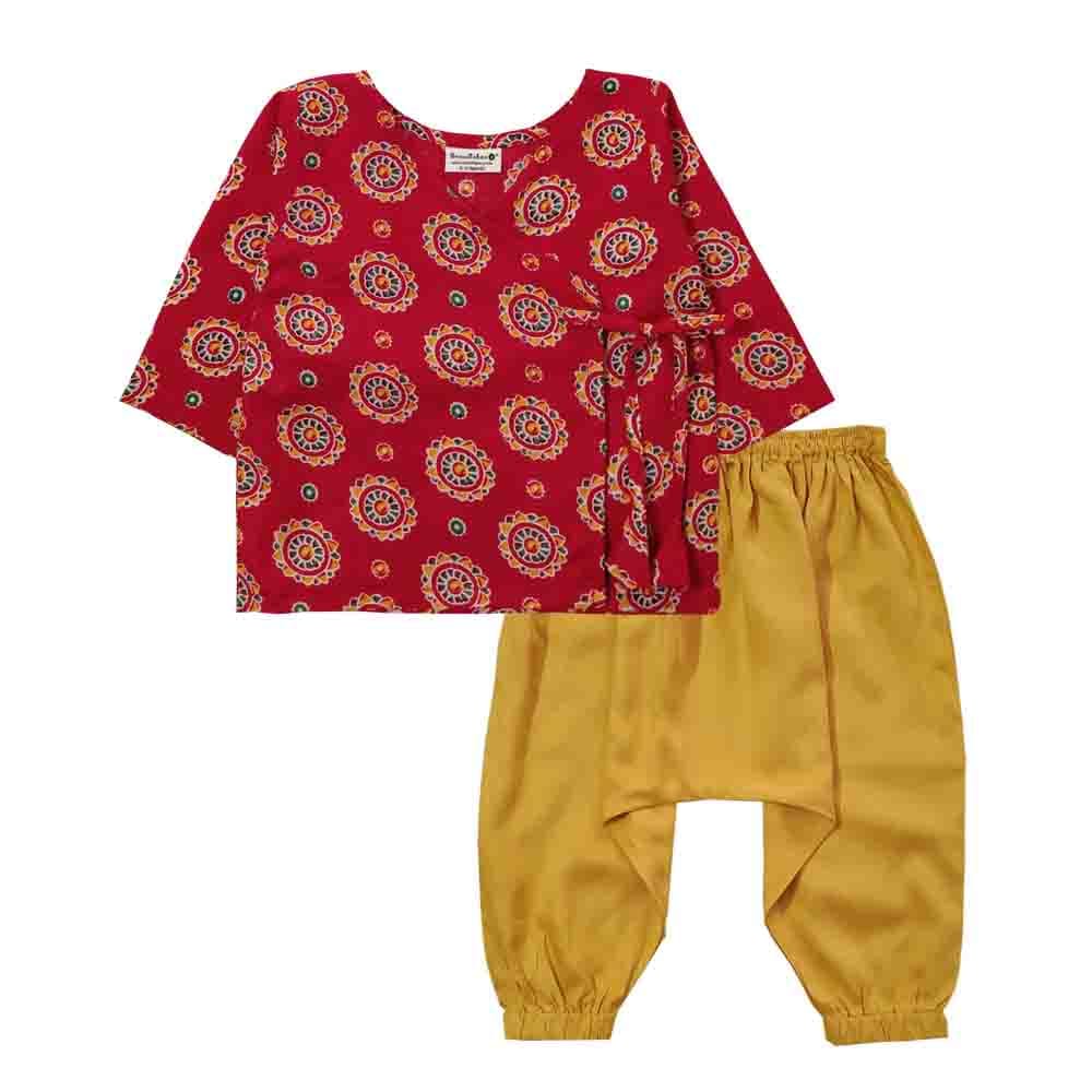 Snowflakes Unisex Infant Jabla Top With Rangoli Print And Harem Pant Set - Red