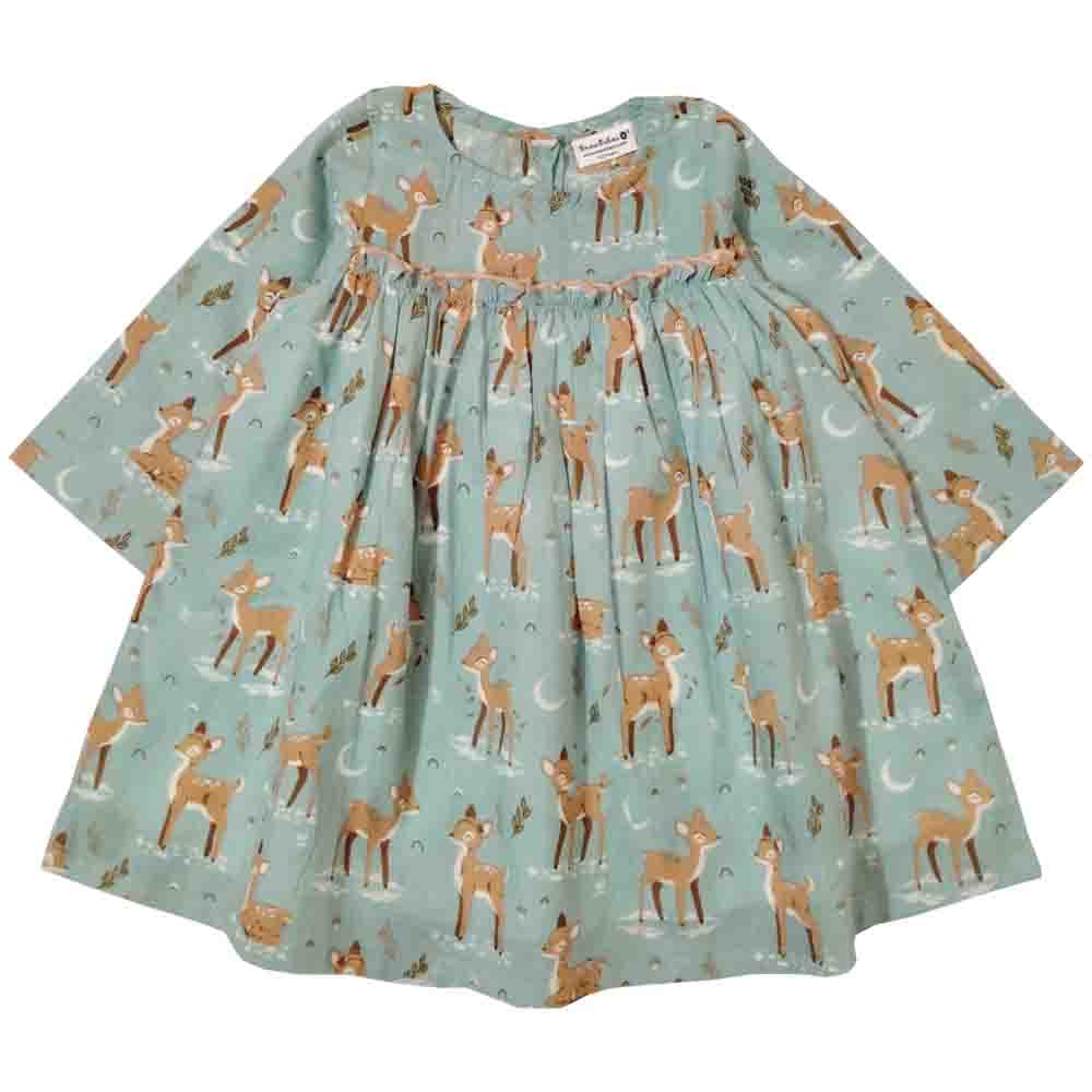 Snowflakes Girls 3/4th Sleeves Frock With Deer Print - Green