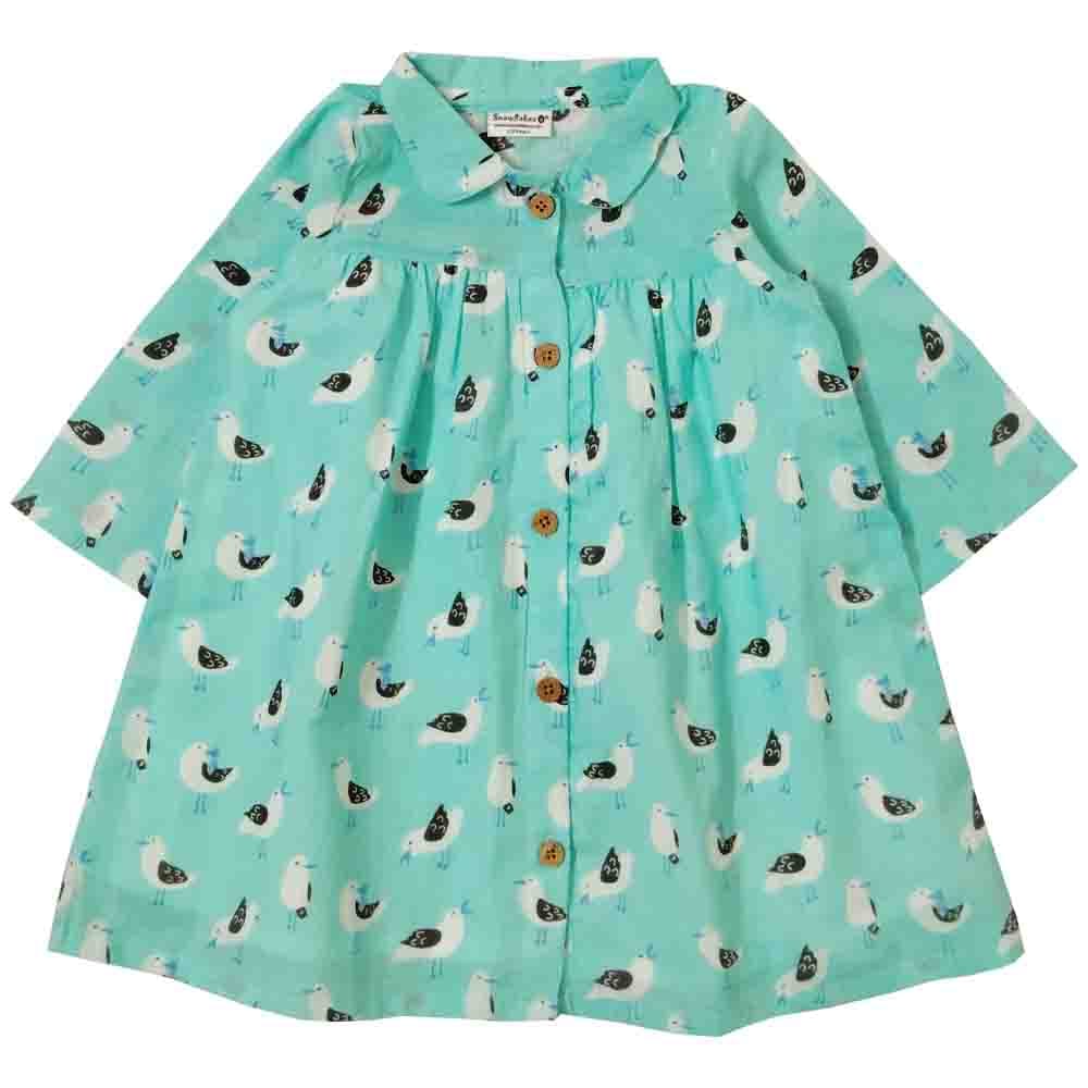 Snowflakes Girls 3/4th Sleeves Frock With Bird Print - Sky Blue