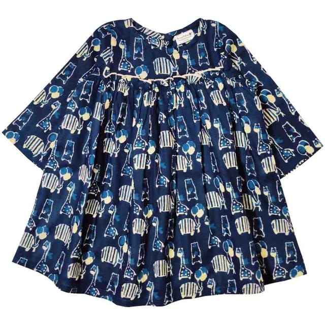 Snowflakes Girls 3/4th Sleeves Frock With Animal Print - Blue