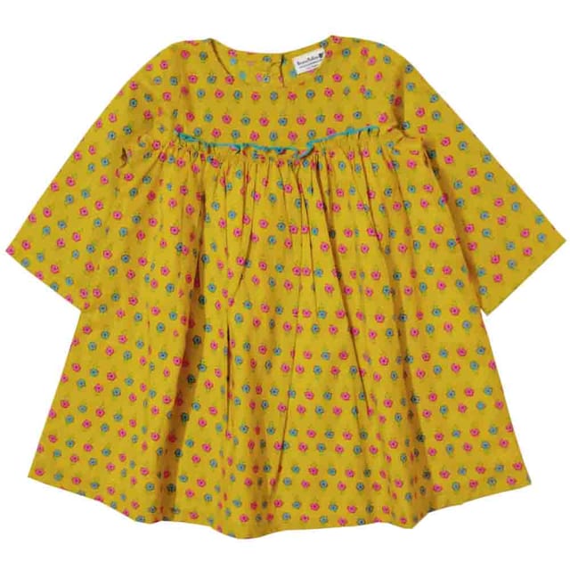 Snowflakes Girls 3/4th Sleeves Frock With Flower Print - Yellow