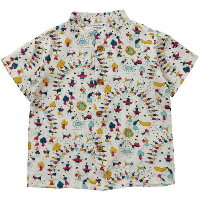 Snowflakes Boys Half Sleeve Shirt With Warli Prints - White