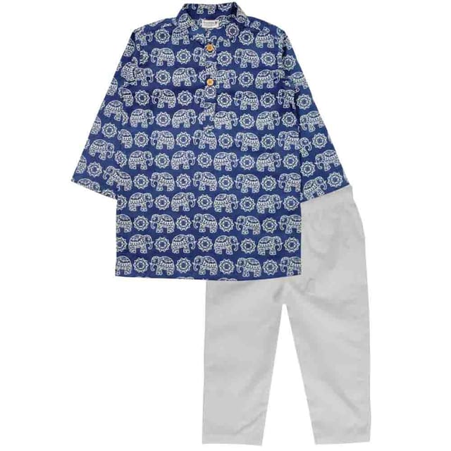 Snowflakes Boys Kurta With Elephant Prints & Pyjama Set - Blue