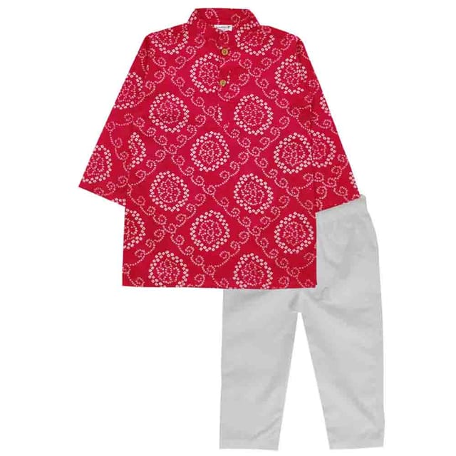 Snowflakes Boys Kurta With Bandhani Prints & Pyjama Set - Red