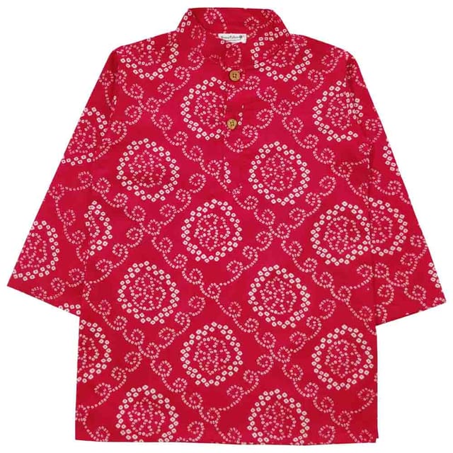 Snowflakes Boys Kurta With Bandhani Prints & Pyjama Set - Red