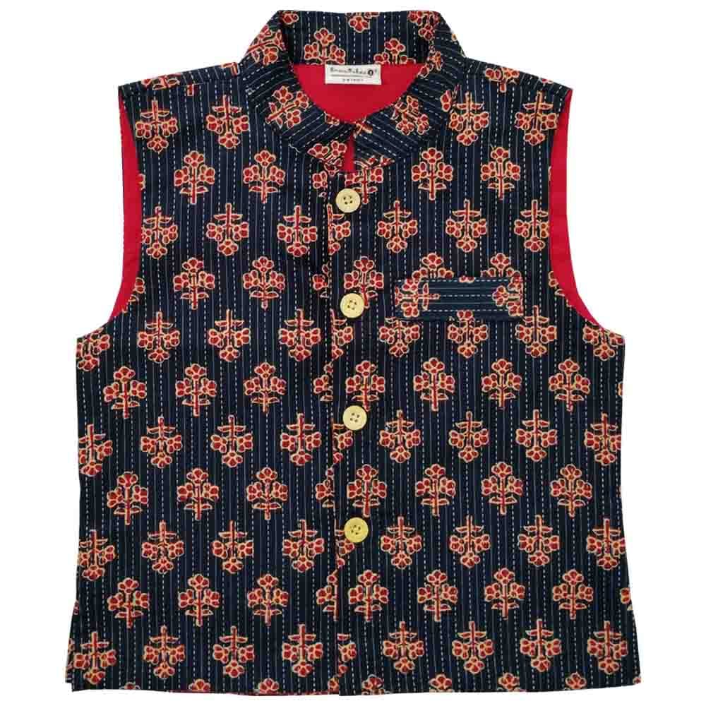 Snowflakes  Kantha Work Boys' Waistcoat With Floral Prints - Blue