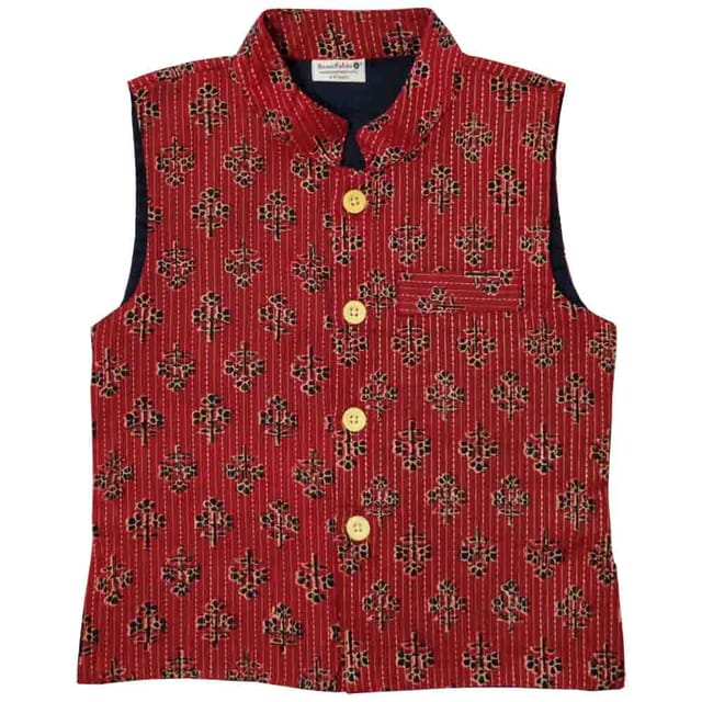 Snowflakes Kantha Work Boys' Waistcoat With Floral Prints - Maroon