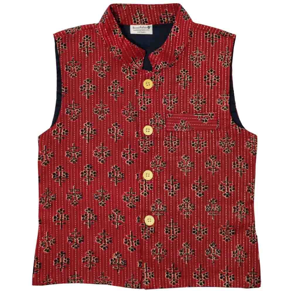 Snowflakes Kantha Work Boys' Waistcoat With Floral Prints - Maroon