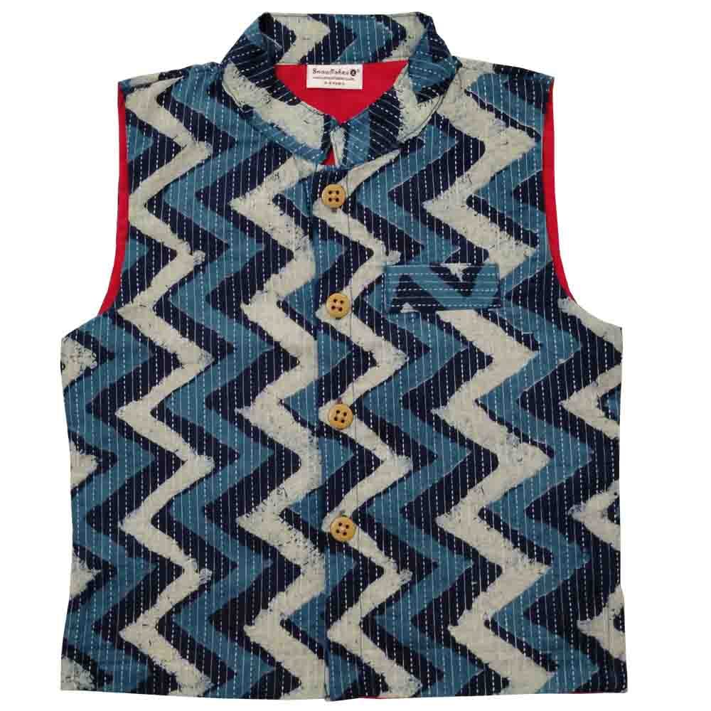 Snowflakes Kantha Work Boys' Waistcoat With Zig Zag Prints - Blue