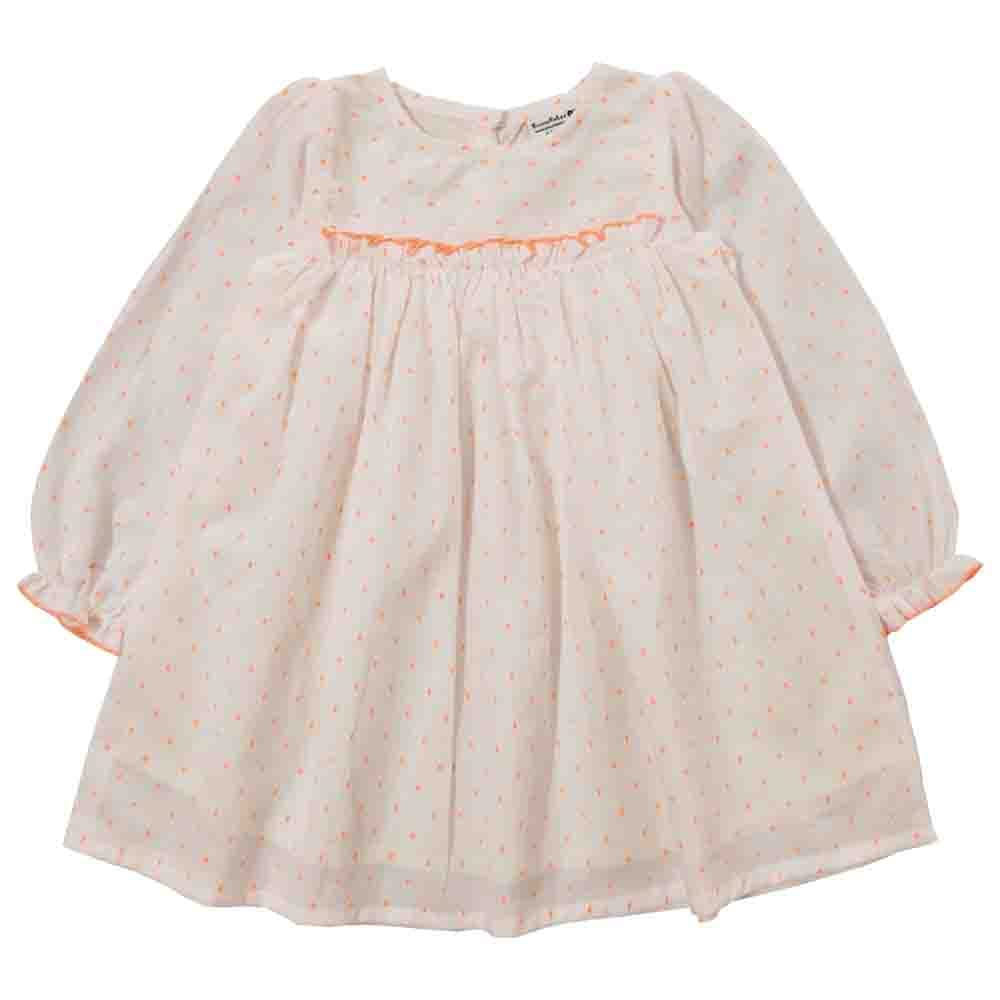 Snowflakes Girls 3/4th Sleeves Frock With Orange Dots - White