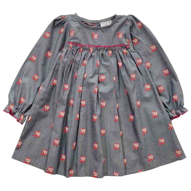 Snowflakes Girls Full Sleeve Frock With London Bus Prints- Grey