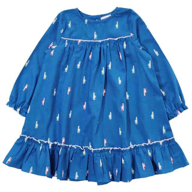 Snowflakes Girls Full Sleeve , 3 Panel Frock With Shoes Prints - Blue