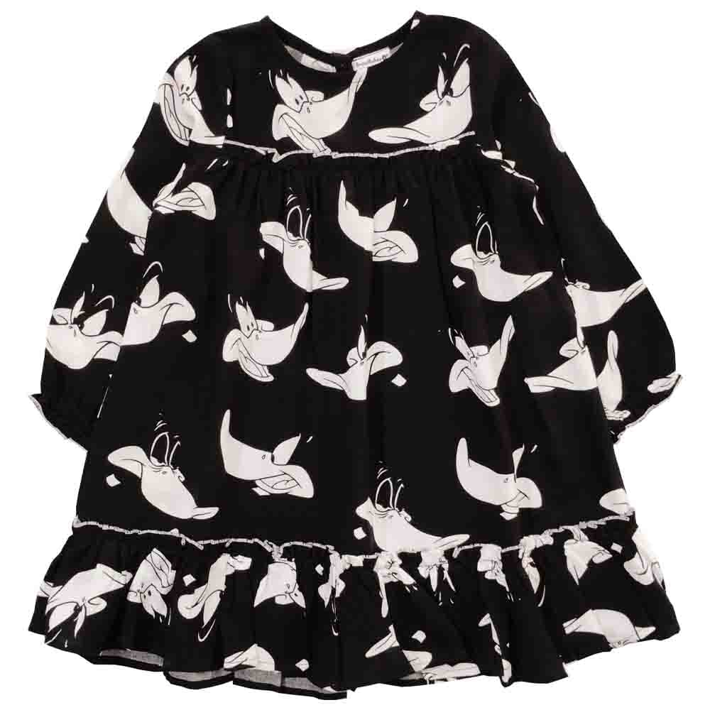 Snowflakes Girls Full Sleeve , 3 Panel Frock With Daffy Duck Prints - Black