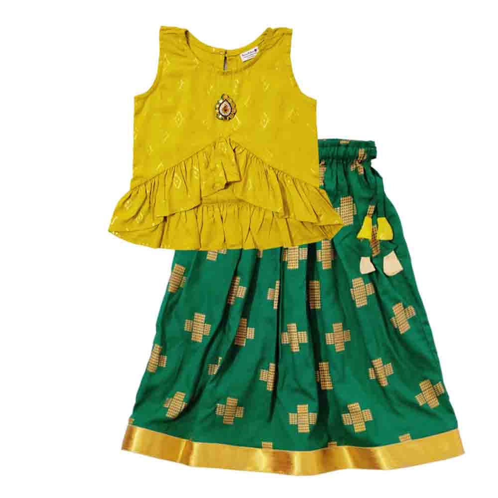 Snowflakes Girls Lehenga Set With Foil Prints -Yellow & Green