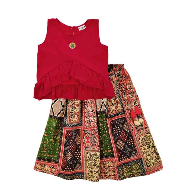 Snowflakes Girls Lehenga Set With Solid Top And Foil Printed Bottom - Red