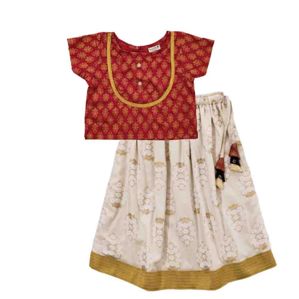 Snowflakes Girls Lehenga Set With Foil Print- Maroon & Off White