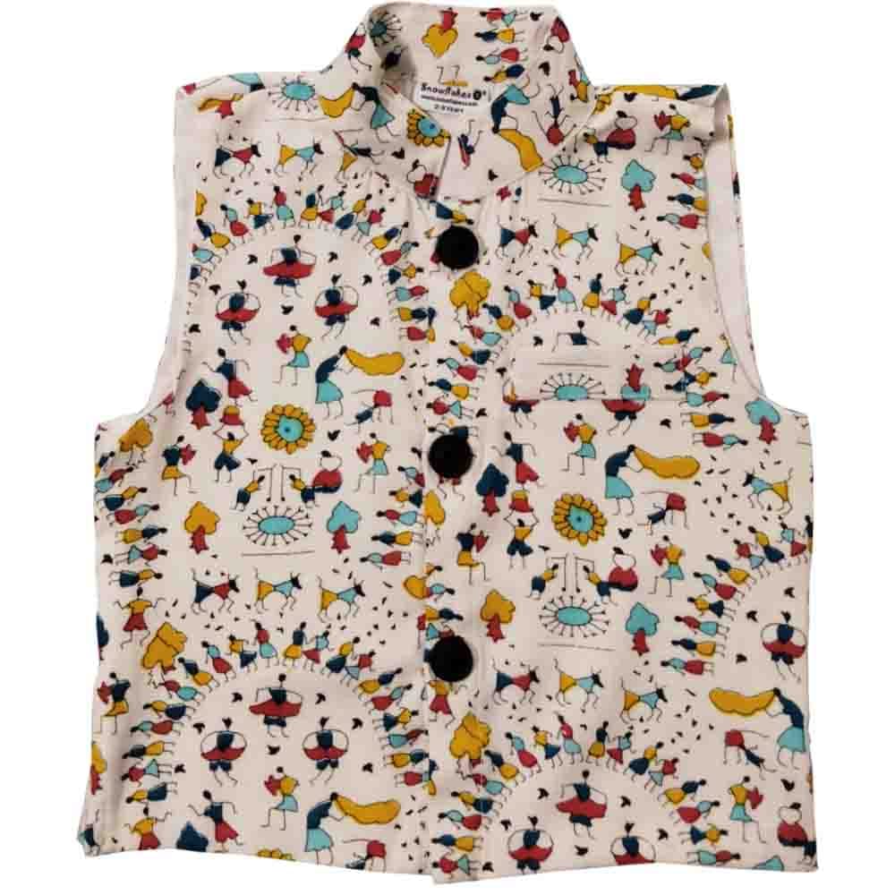 Snowflakes Boys' Waistcoat With Warli Prints - White