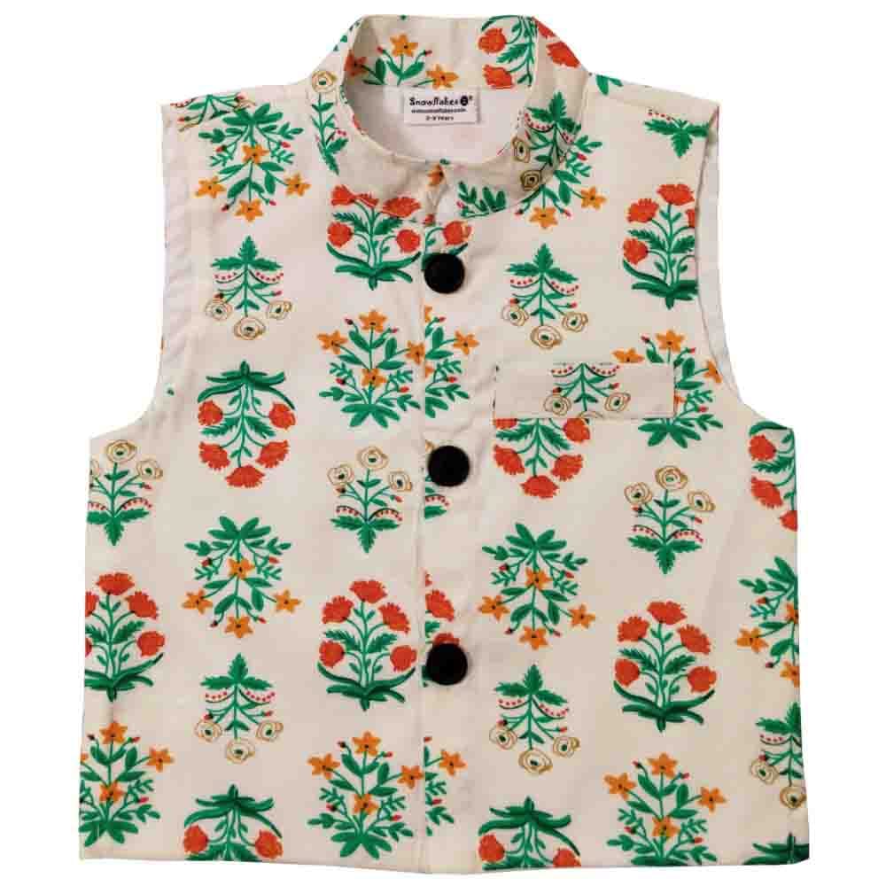 Snowflakes Boys' Waistcoat With Mughal Prints - White