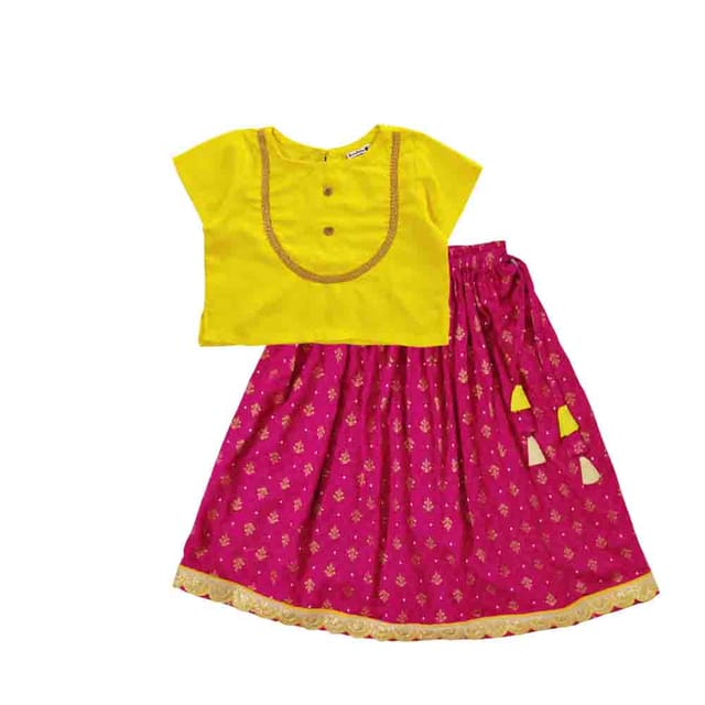 Snowflakes Girls Foil Print Lehenga Set With Solid Top - Yellow & Pink