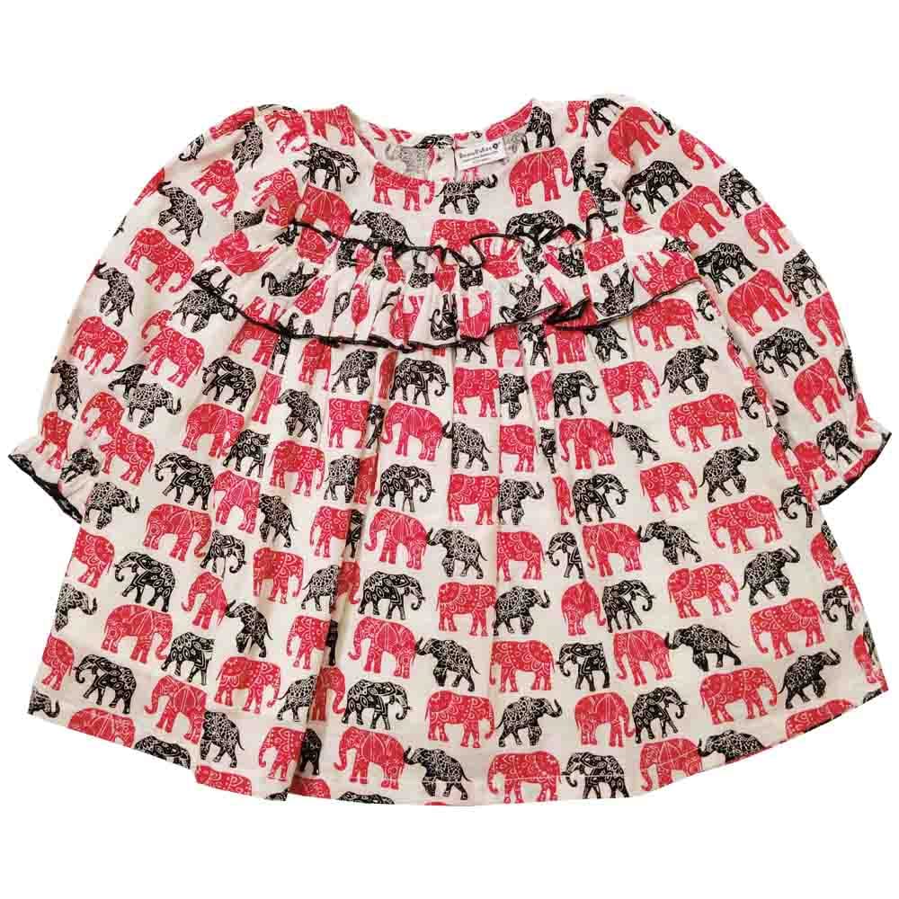 Snowflakes Girls 3/4th Sleeves Frock With Elephant Print - Red & Black