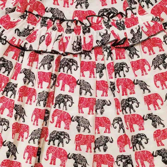 Snowflakes Girls 3/4th Sleeves Frock With Elephant Print - Red & Black