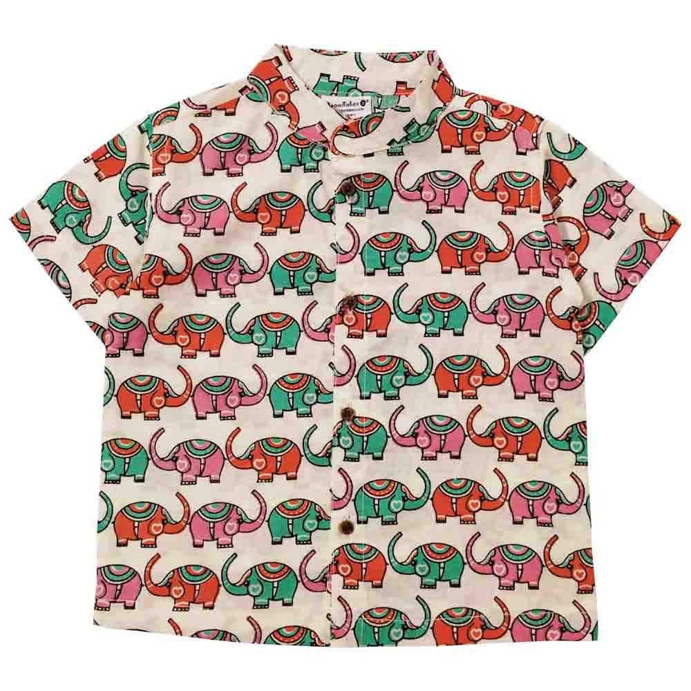 Snowflakes Boys Half Sleeve Shirt With Elephant Prints - White