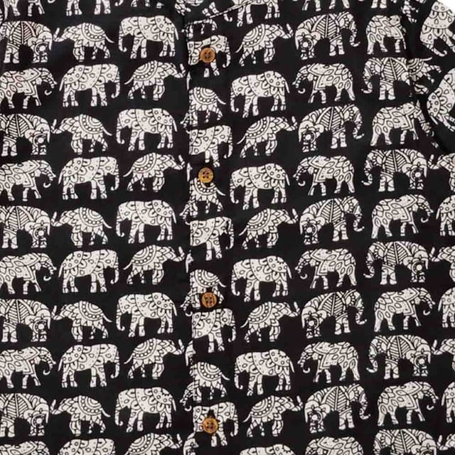 Snowflakes Boys Half Sleeve Shirt With Elephant Prints - Black