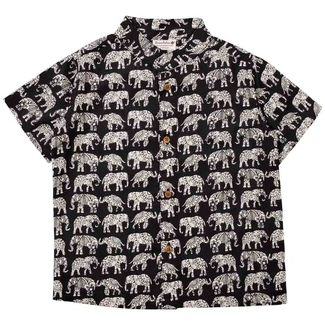 Snowflakes Boys Half Sleeve Shirt With Elephant Prints - Black