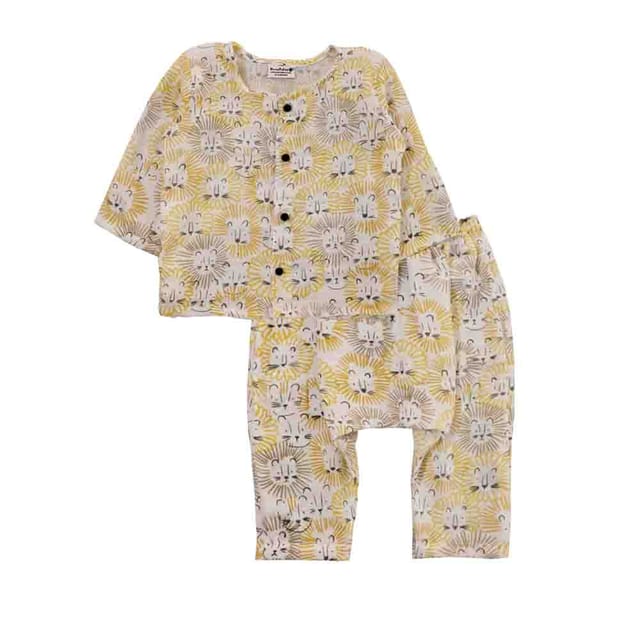 Snowflakes Unisex Muslin Co-Ord Set With Lion Face Prints - White