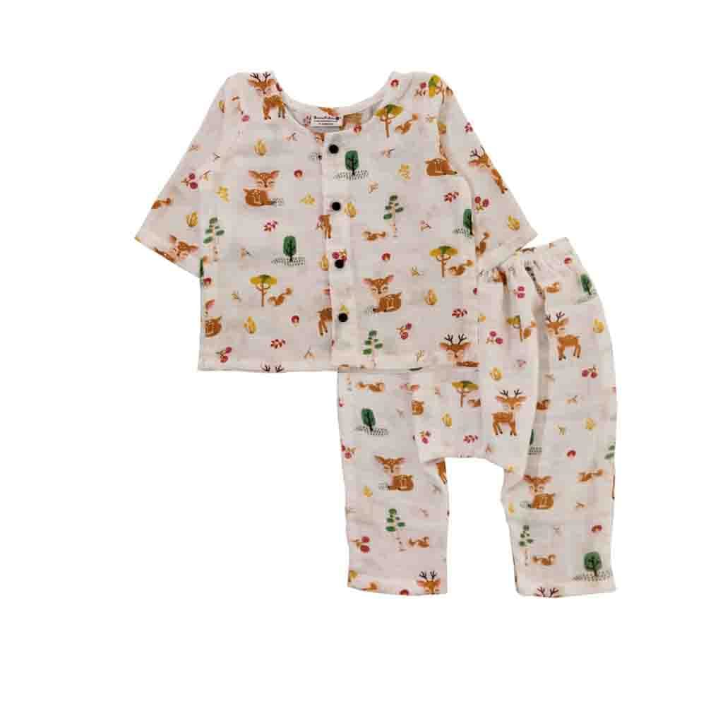 Snowflakes Unisex Muslin Co-Ord Set With Deer Prints - White