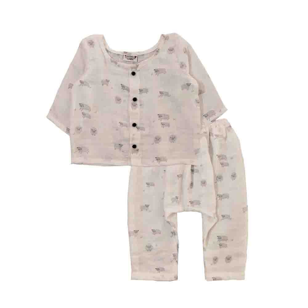 Snowflakes Unisex Muslin Co-Ord Set With Sheep Prints - White