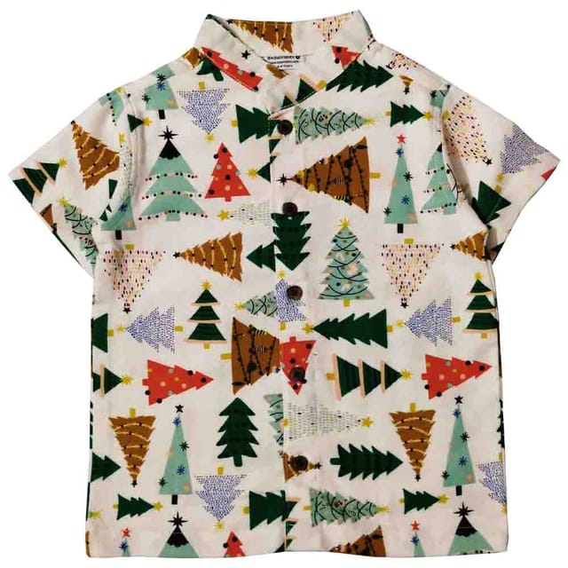 Snowflakes Boys Half Sleeve Cotton Shirt With Christmas Tree Prints -  White