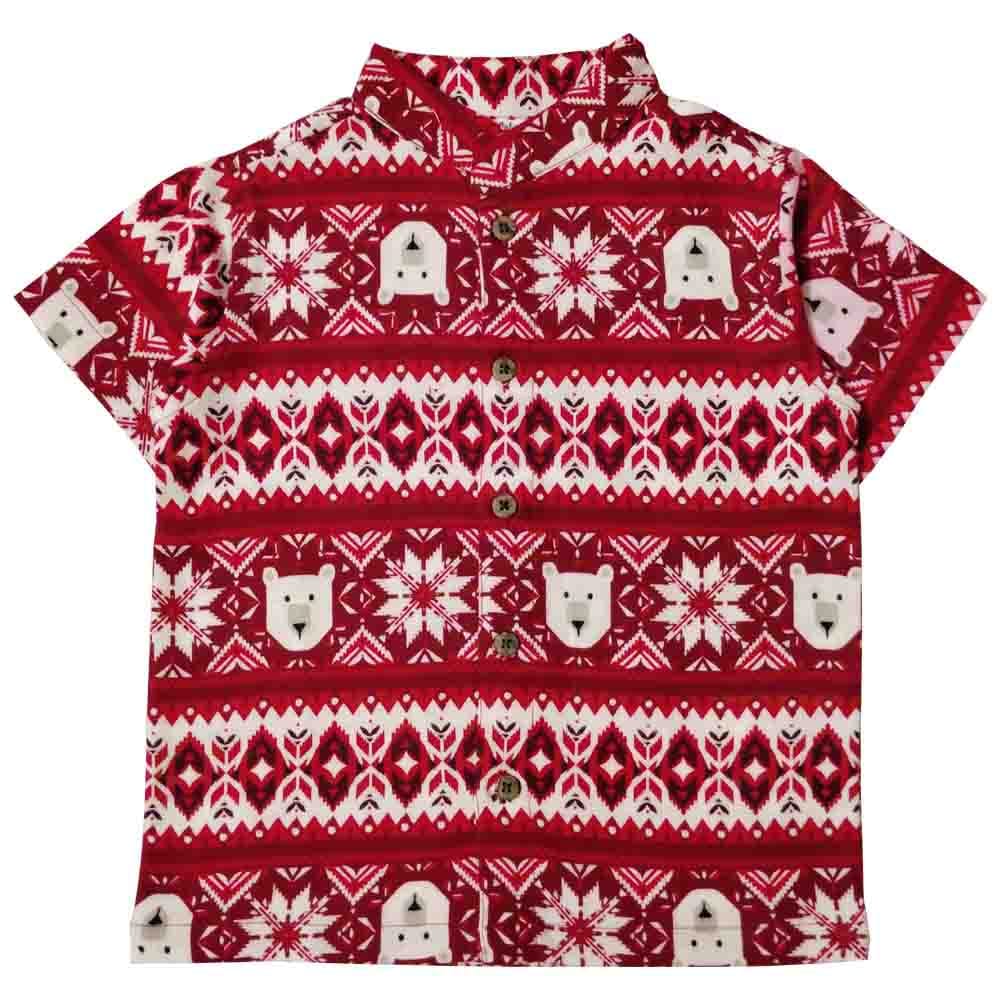 Snowflakes Boys Half Sleeve Cotton Shirt With Christmas Prints  - Red