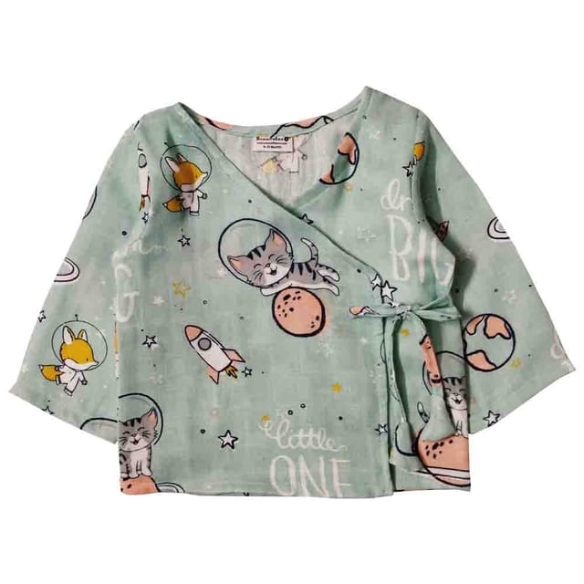 Snowflakes Unisex Muslin Infant Jabla Top With Cat Print And Harem Pant Set - Light Green