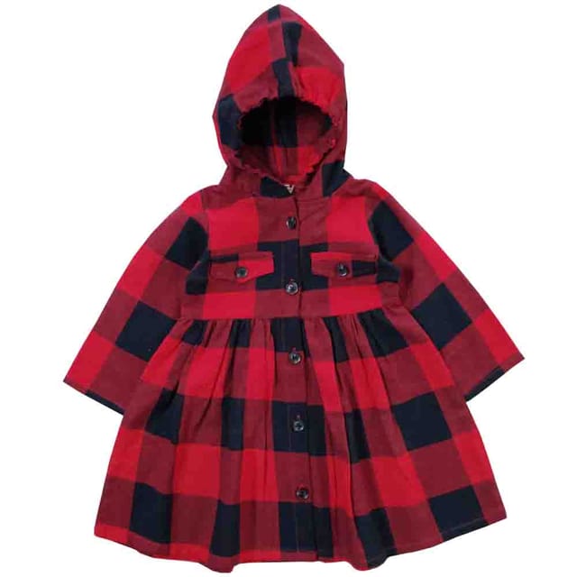 Snowflakes Girls Solid Hoodie Style Checks Cotton Dress - Red