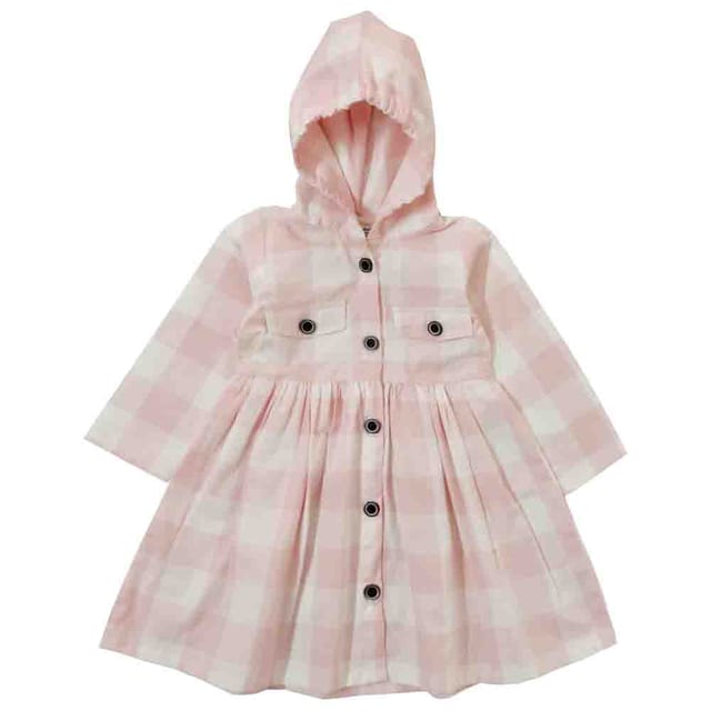 Snowflakes Girls Solid Hoodie Style Checks Cotton Dress - Pink