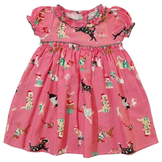 Snowflakes Girls Dress With Christmas Prints -Pink