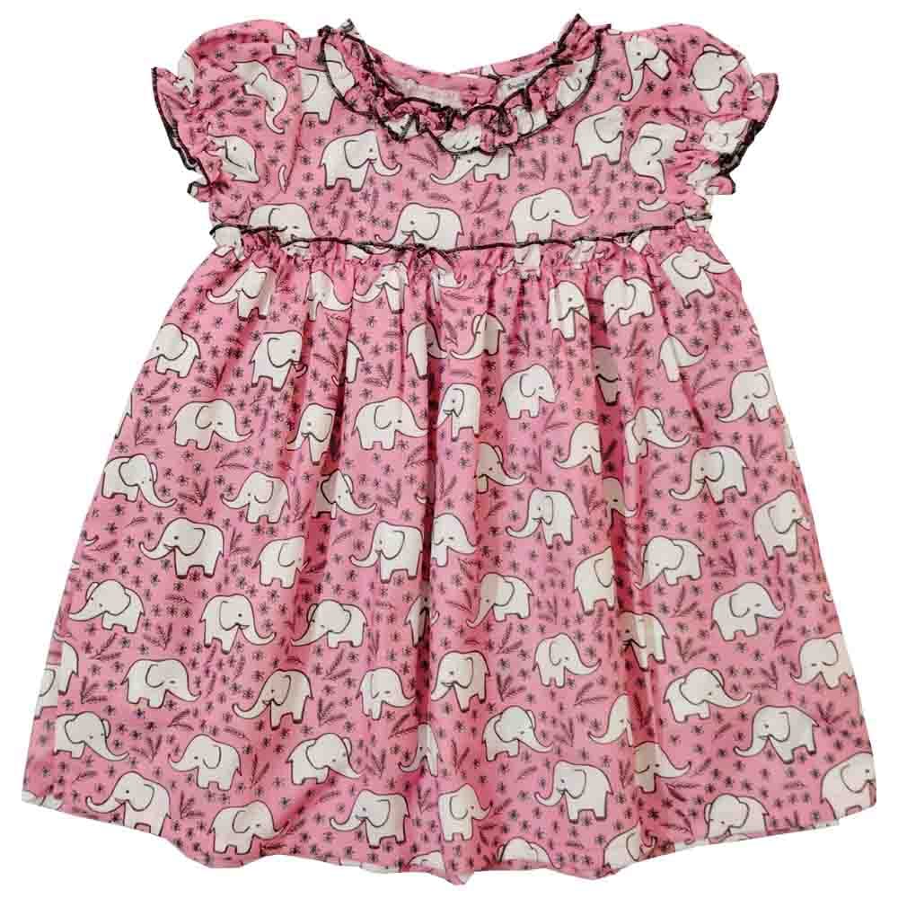 Snowflakes Girls Dress With Elephant Prints -Pink