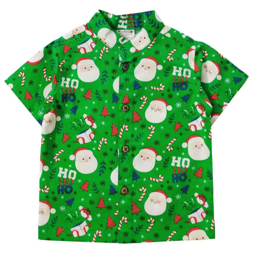 Snowflakes Boys Half Sleeve Cotton Shirt With Santa Claus Prints - Green