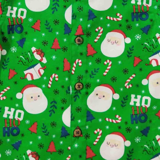 Snowflakes Boys Half Sleeve Cotton Shirt With Santa Claus Prints - Green