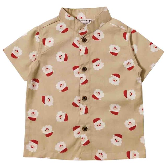 Snowflakes Boys Half Sleeve Cotton Shirt With Santa Claus Prints - Beige