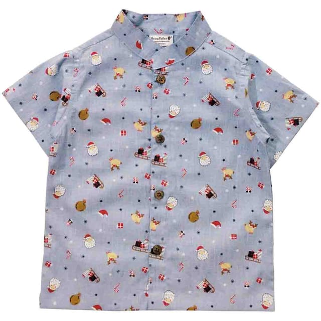 Snowflakes Boys Half Sleeve Cotton Shirt With Christmas Prints - Blue