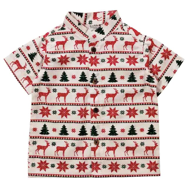 Snowflakes Boys Half Sleeve Cotton Shirt With Deer Prints - White