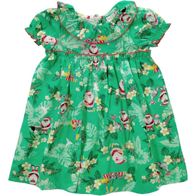 Snowflakes Girls Dress With Santa Claus Prints - Green