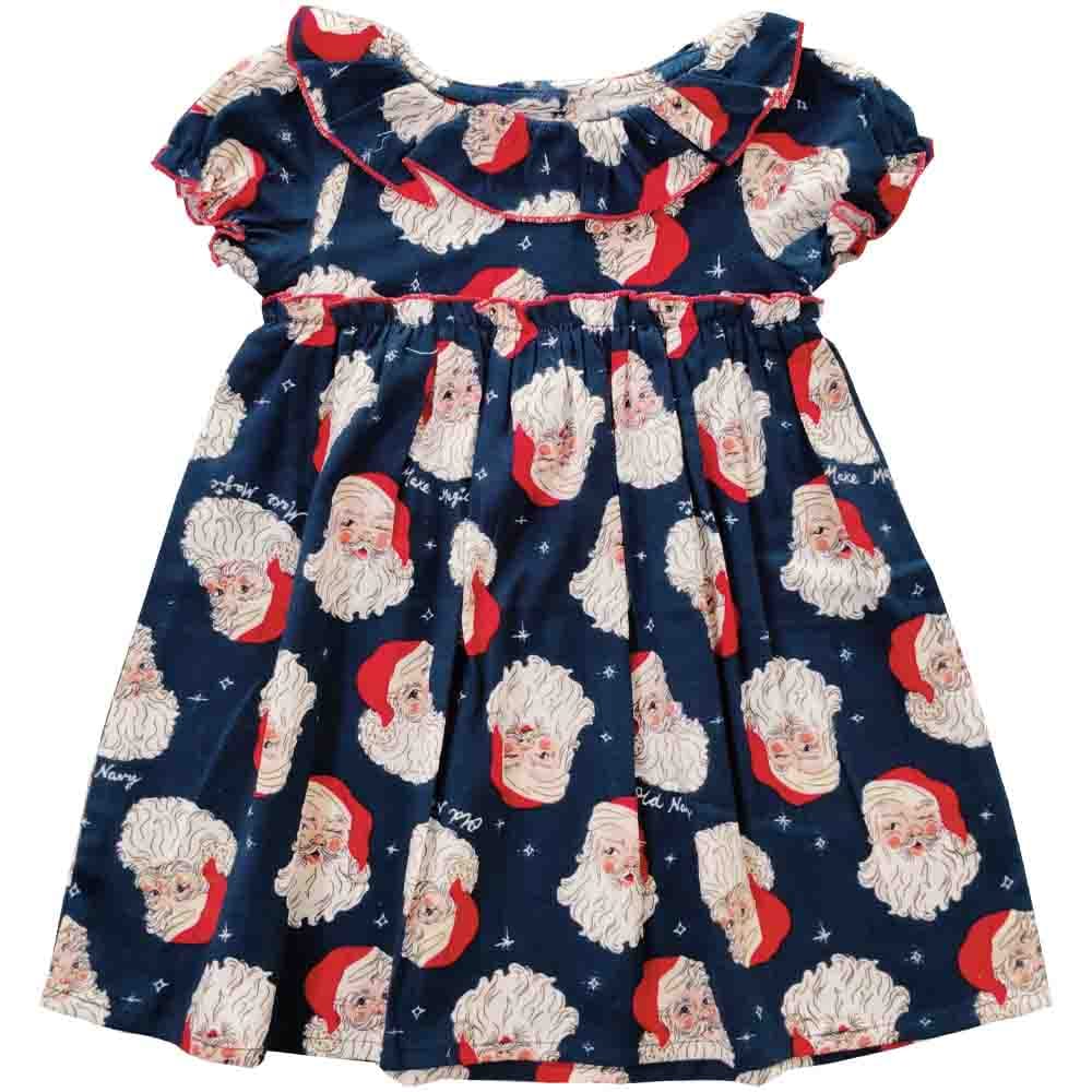 Snowflakes Girls Dress With Santa Claus Prints - Navy Blue